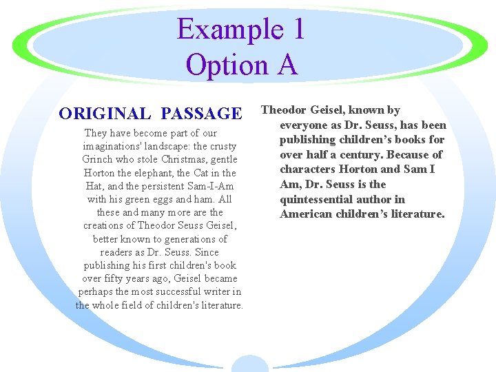 Example 1 Option A ORIGINAL PASSAGE They have become part of our imaginations' landscape: