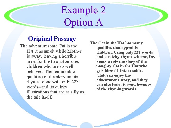 Example 2 Option A Original Passage. The adventuresome Cat in the Hat runs amok