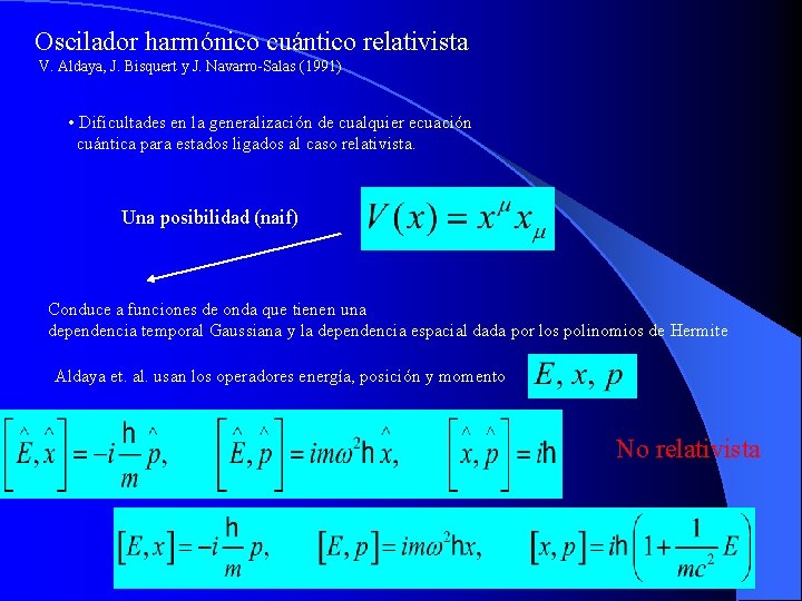 Oscilador harmónico cuántico relativista V. Aldaya, J. Bisquert y J. Navarro-Salas (1991) • Dificultades