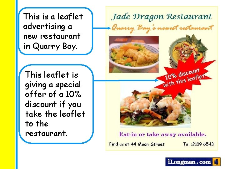 This is a leaflet advertising a new restaurant in Quarry Bay. This leaflet is