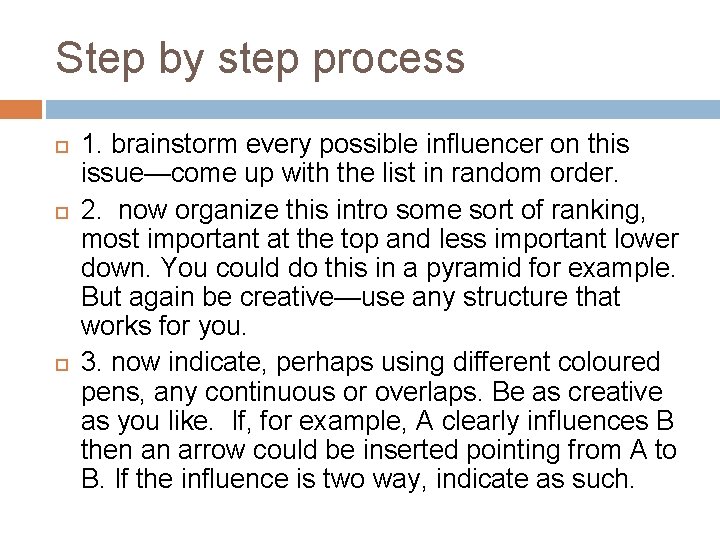 Step by step process 1. brainstorm every possible influencer on this issue—come up with