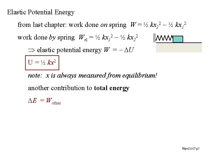 Elastic Potential Energy from last chapter: work done on spring W = ½ kx