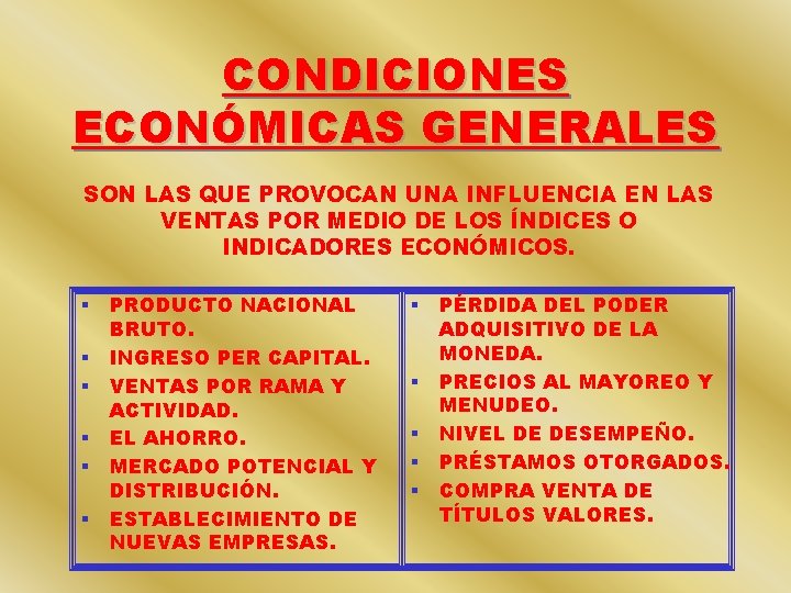 CONDICIONES ECONÓMICAS GENERALES SON LAS QUE PROVOCAN UNA INFLUENCIA EN LAS VENTAS POR MEDIO CONDICIONES ECONÓMICAS GENERALES SON LAS QUE PROVOCAN UNA INFLUENCIA EN LAS VENTAS POR MEDIO