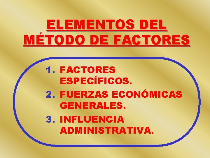 ELEMENTOS DEL MÉTODO DE FACTORES 1. FACTORES ESPECÍFICOS. 2. FUERZAS ECONÓMICAS GENERALES. 3. INFLUENCIA ELEMENTOS DEL MÉTODO DE FACTORES 1. FACTORES ESPECÍFICOS. 2. FUERZAS ECONÓMICAS GENERALES. 3. INFLUENCIA