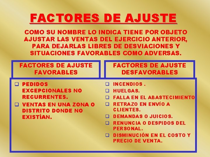 FACTORES DE AJUSTE COMO SU NOMBRE LO INDICA TIENE POR OBJETO AJUSTAR LAS VENTAS FACTORES DE AJUSTE COMO SU NOMBRE LO INDICA TIENE POR OBJETO AJUSTAR LAS VENTAS