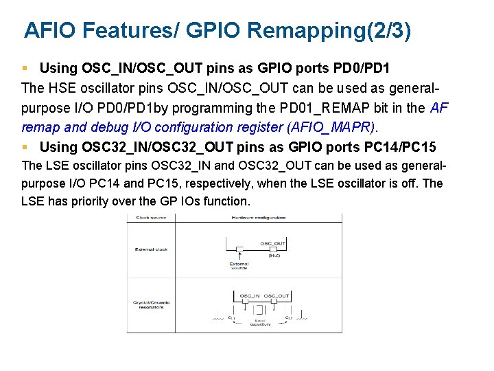 AFIO Features/ GPIO Remapping(2/3) Using OSC_IN/OSC_OUT pins as GPIO ports PD 0/PD 1 The