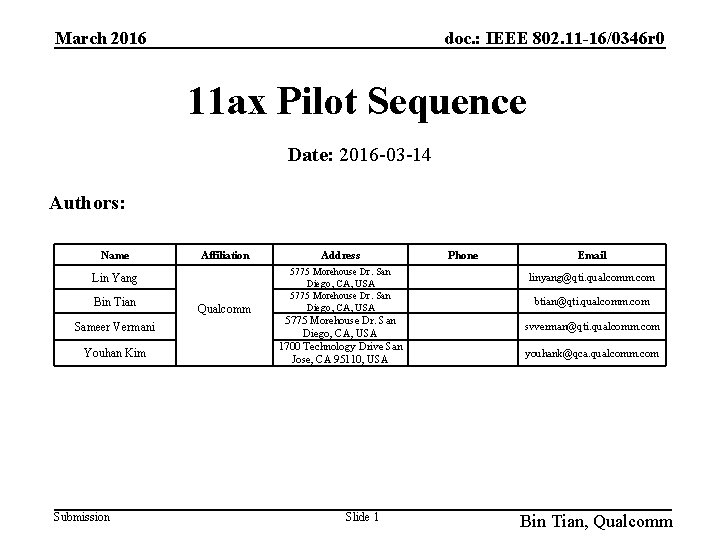 March 2016 doc. : IEEE 802. 11 -16/0346 r 0 11 ax Pilot Sequence