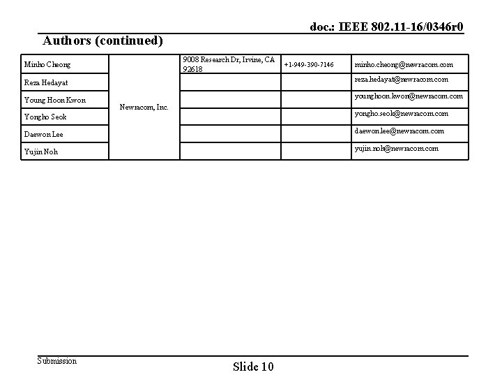 doc. : IEEE 802. 11 -16/0346 r 0 Authors (continued) Minho Cheong 9008 Research