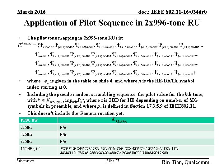 March 2016 doc. : IEEE 802. 11 -16/0346 r 0 Application of Pilot Sequence