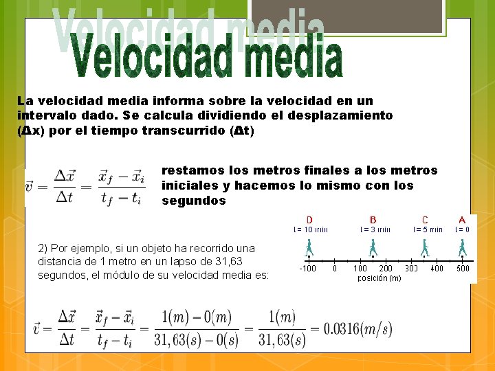 La velocidad media informa sobre la velocidad en un intervalo dado. Se calcula dividiendo