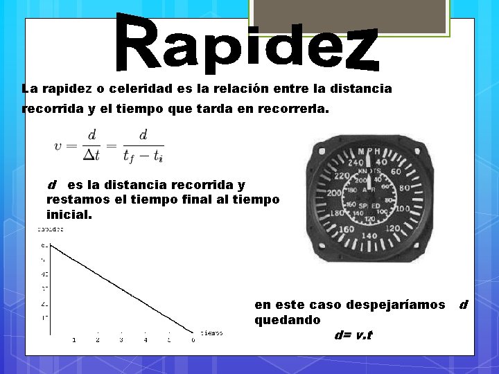 La rapidez o celeridad es la relación entre la distancia recorrida y el tiempo