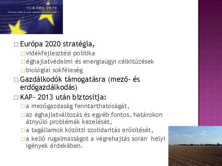 � Európa 2020 stratégia, � vidékfejlesztési politika � éghajlatvédelmi és energiaügyi célkitűzések � biológiai