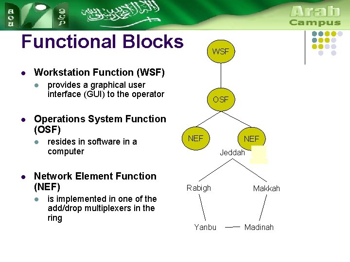 Functional Blocks l Workstation Function (WSF) l l provides a graphical user interface (GUI)