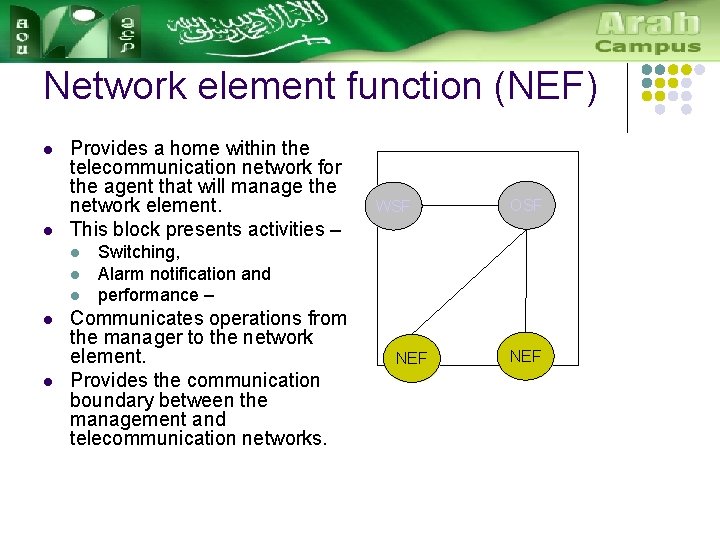 Network element function (NEF) l l Provides a home within the telecommunication network for