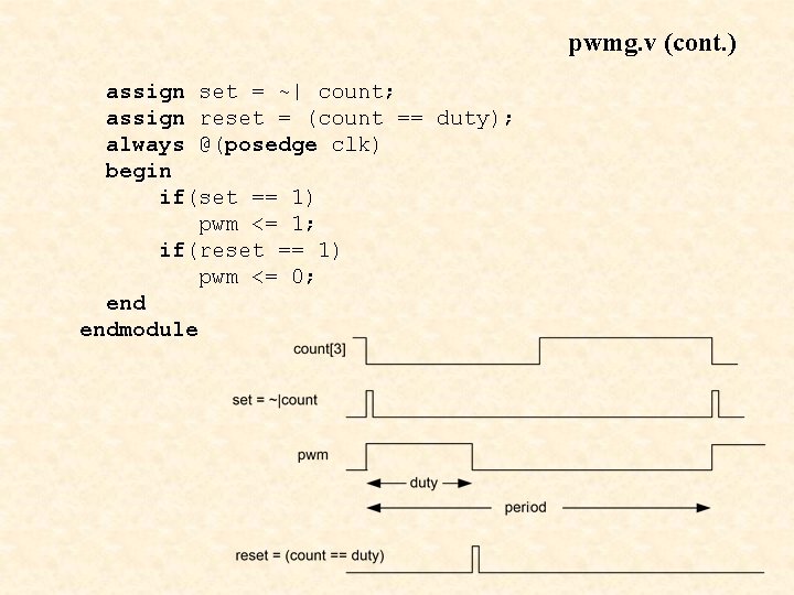 pwmg. v (cont. ) assign set = ~| count; assign reset = (count ==
