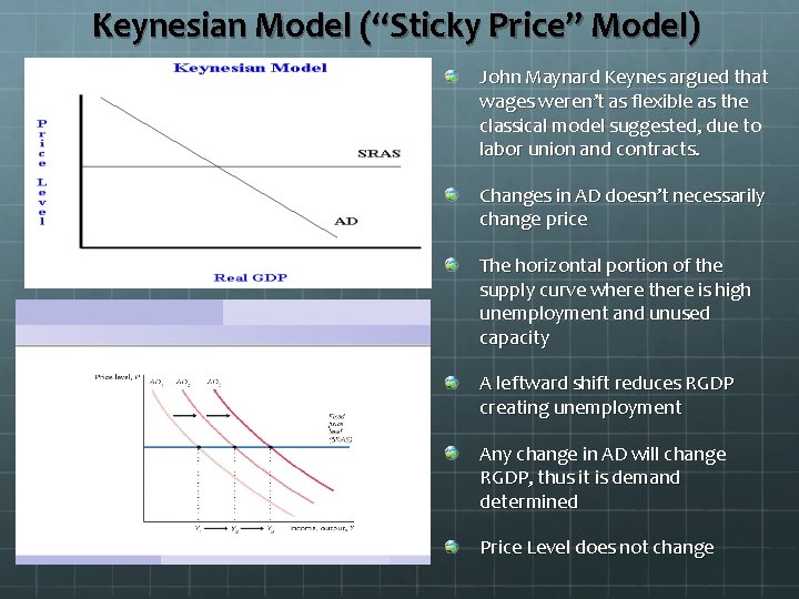 Keynesian Model (“Sticky Price” Model) John Maynard Keynes argued that wages weren’t as flexible