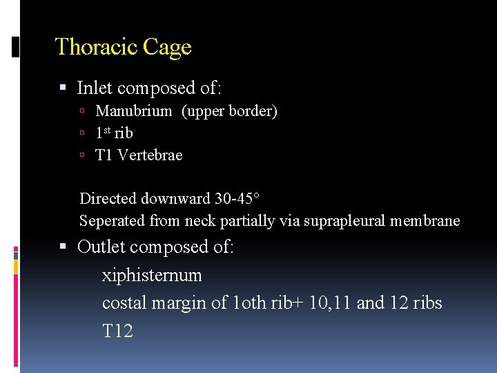 Thoracic Cage Inlet composed of: Manubrium (upper border) 1 st rib T 1 Vertebrae