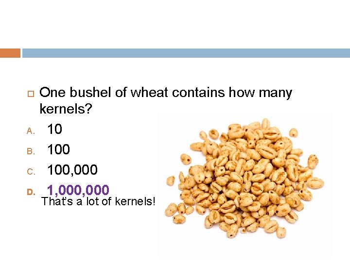 One bushel of wheat contains how many kernels? A. 10 B. 100 C. 100,