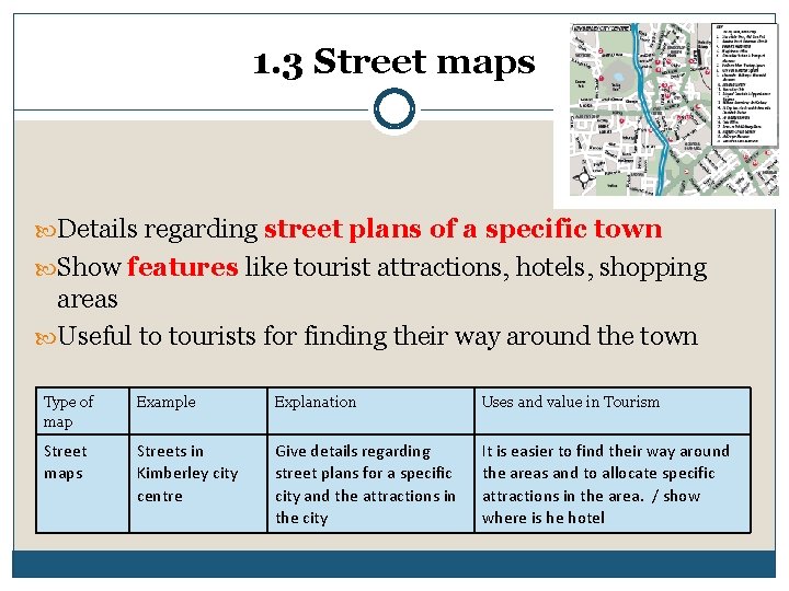 1. 3 Street maps Details regarding street plans of a specific town Show features