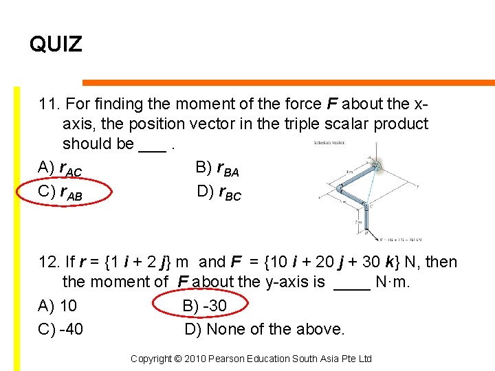 QUIZ 11. For finding the moment of the force F about the xaxis, the