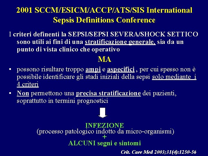 2001 SCCM/ESICM/ACCP/ATS/SIS International Sepsis Definitions Conference I criteri definenti la SEPSI/SEPSI SEVERA/SHOCK SETTICO sono