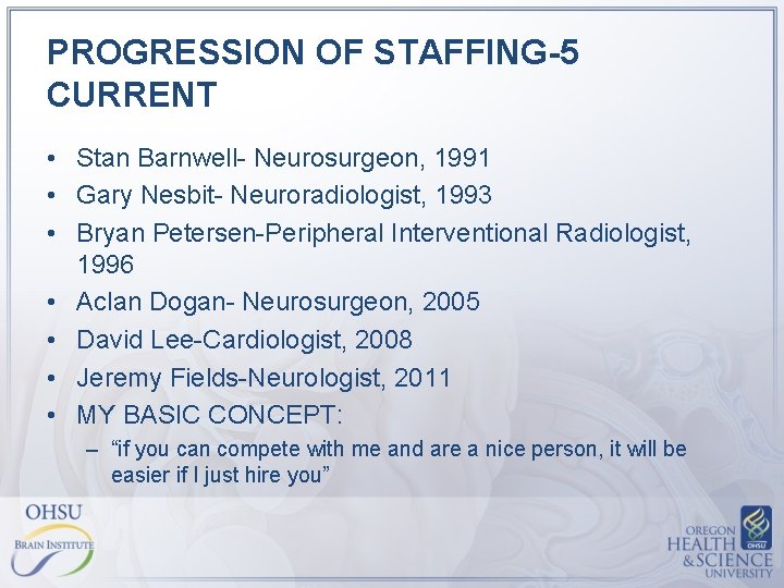 PROGRESSION OF STAFFING-5 CURRENT • Stan Barnwell- Neurosurgeon, 1991 • Gary Nesbit- Neuroradiologist, 1993 PROGRESSION OF STAFFING-5 CURRENT • Stan Barnwell- Neurosurgeon, 1991 • Gary Nesbit- Neuroradiologist, 1993