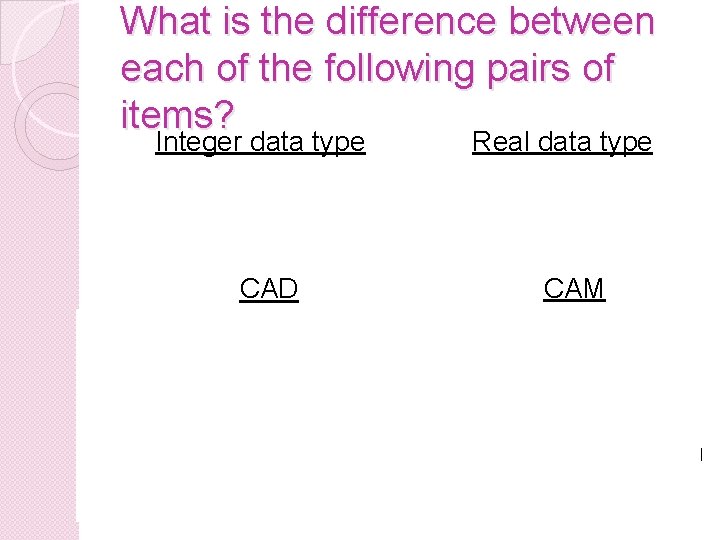 What is the difference between each of the following pairs of items? Integer data