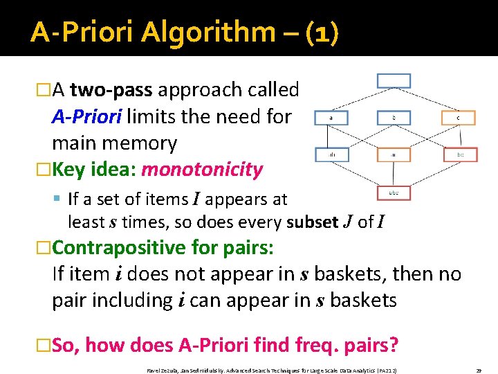 A-Priori Algorithm – (1) �A two-pass approach called A-Priori limits the need for main