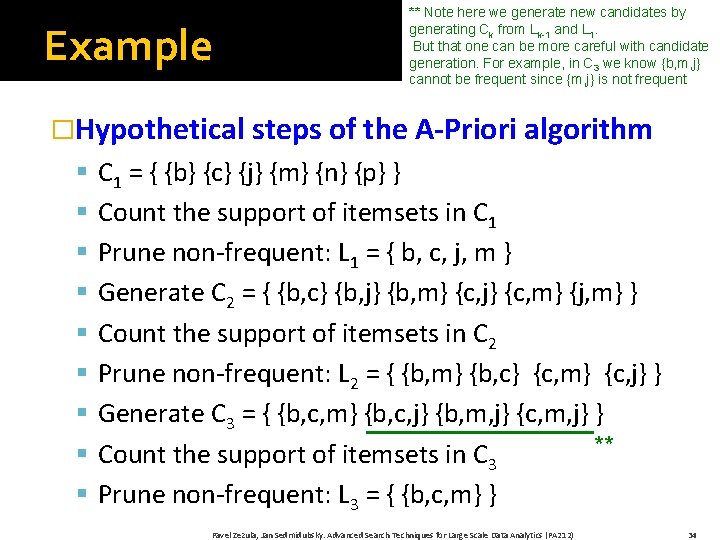 Example ** Note here we generate new candidates by generating Ck from Lk-1 and