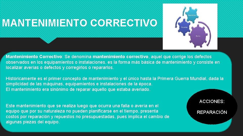 MANTENIMIENTO CORRECTIVO Mantenimiento Correctivo: Se denomina mantenimiento correctivo, aquel que corrige los defectos observados