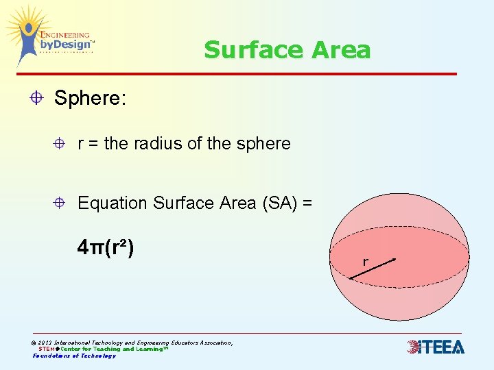 Surface Area Sphere: r = the radius of the sphere Equation Surface Area (SA)