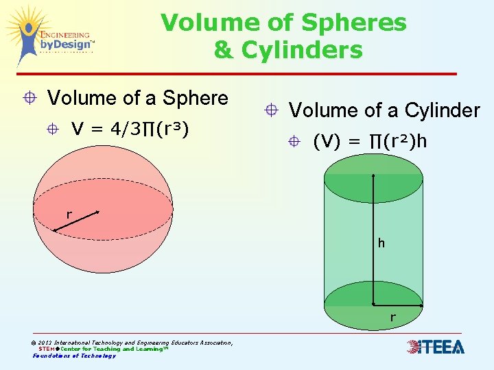 Volume of Spheres & Cylinders Volume of a Sphere V = 4/3∏(r³) Volume of