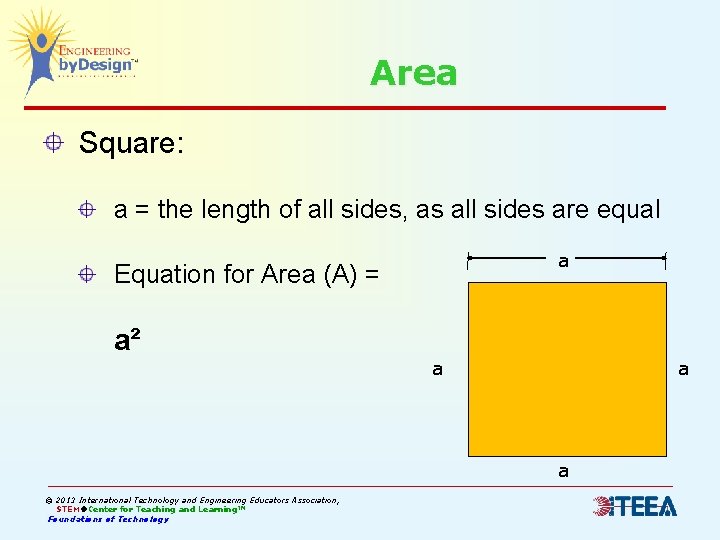 Area Square: a = the length of all sides, as all sides are equal