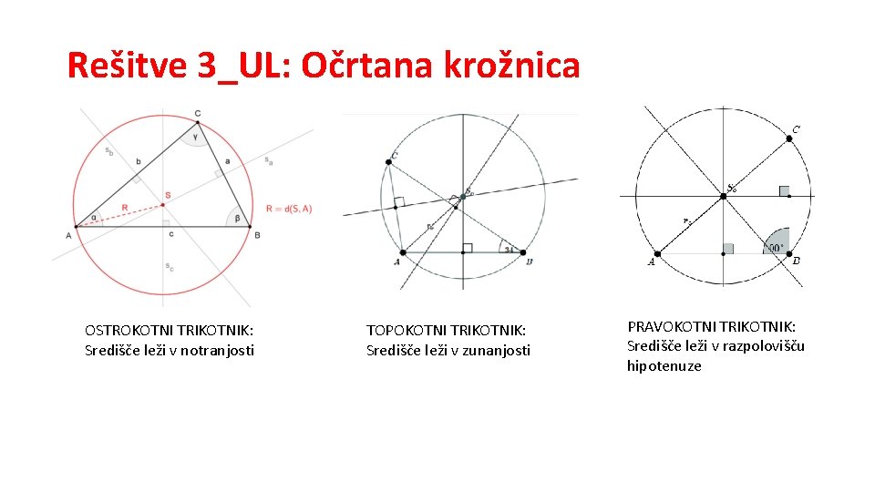 Rešitve 3_UL: Očrtana krožnica OSTROKOTNI TRIKOTNIK: Središče leži v notranjosti TOPOKOTNI TRIKOTNIK: Središče leži