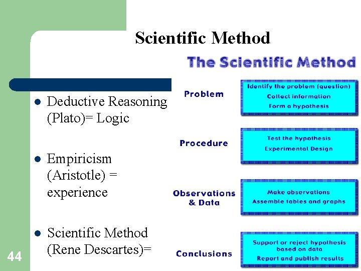Scientific Method 44 l Deductive Reasoning (Plato)= Logic l Empiricism (Aristotle) = experience l