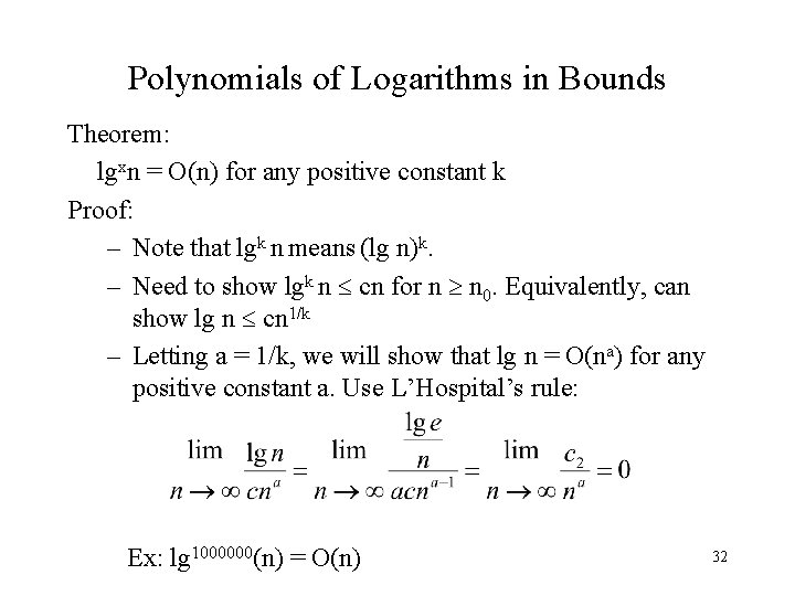 Polynomials of Logarithms in Bounds Theorem: lgxn = O(n) for any positive constant k