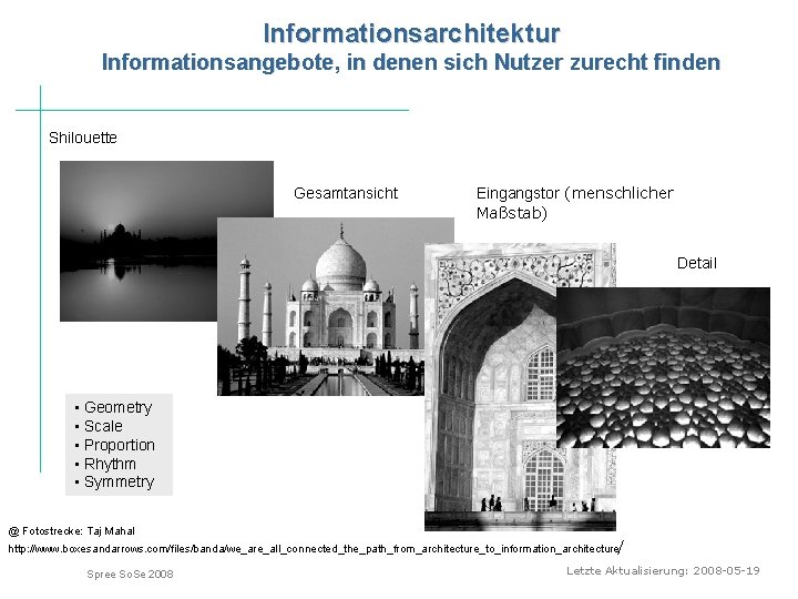 Informationsarchitektur Informationsangebote, in denen sich Nutzer zurecht finden Shilouette Gesamtansicht Eingangstor (menschlicher Maßstab) Detail