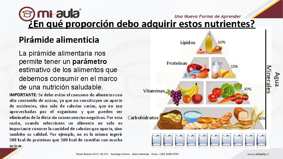 ¿En qué proporción debo adquirir estos nutrientes? Pirámide alimenticia Proteínas Vitaminas IMPORTANTE: Se debe