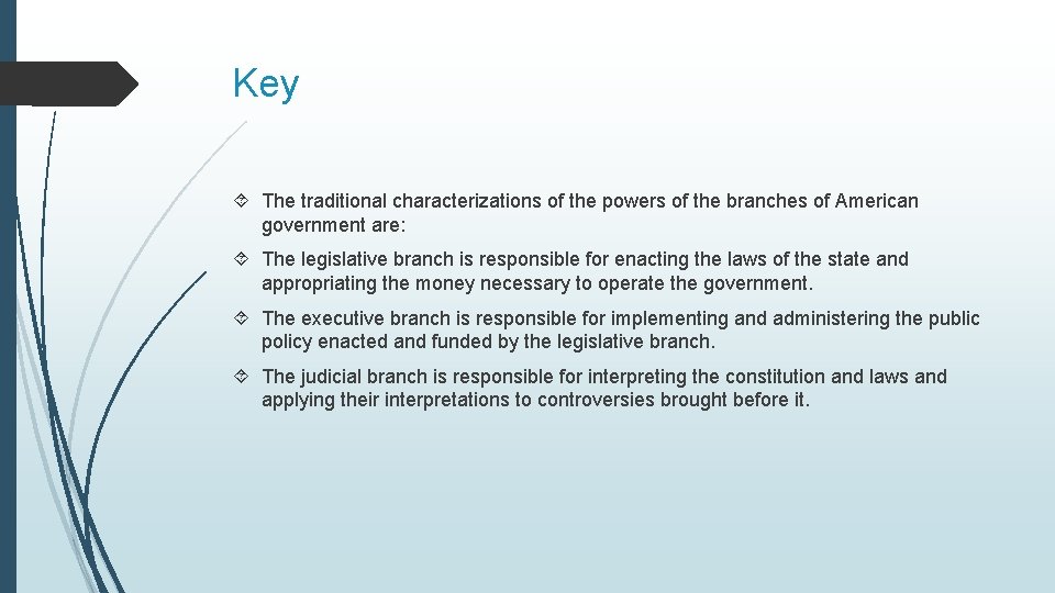 Key The traditional characterizations of the powers of the branches of American government are: