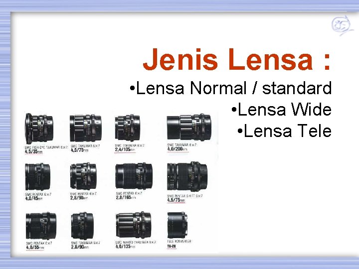 Jenis Lensa : • Lensa Normal / standard • Lensa Wide • Lensa Tele