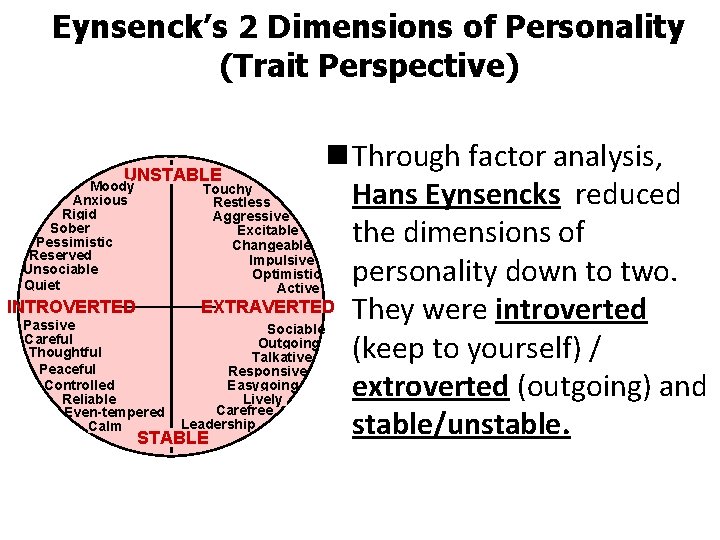 Eynsenck’s 2 Dimensions of Personality (Trait Perspective) n Through factor analysis, UNSTABLE Moody Touchy