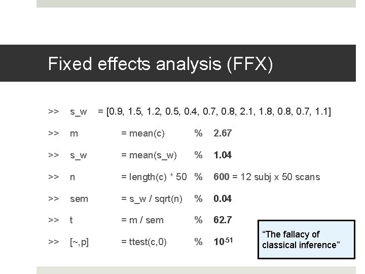 Fixed effects analysis (FFX) >> s_w >> m = mean(c) % 2. 67 >> Fixed effects analysis (FFX) >> s_w >> m = mean(c) % 2. 67 >>
