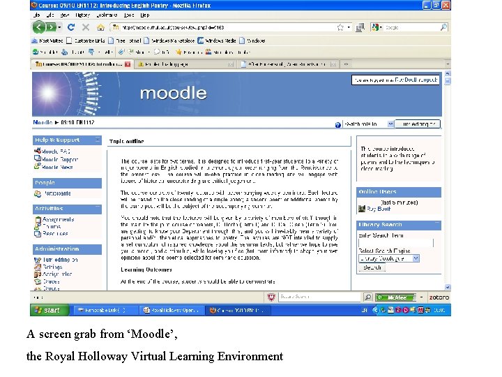 A screen grab from ‘Moodle’, the Royal Holloway Virtual Learning Environment 