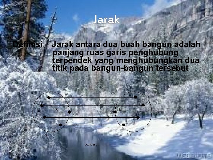 Jarak Definisi: Jarak antara dua buah bangun adalah panjang ruas garis penghubung terpendek yang