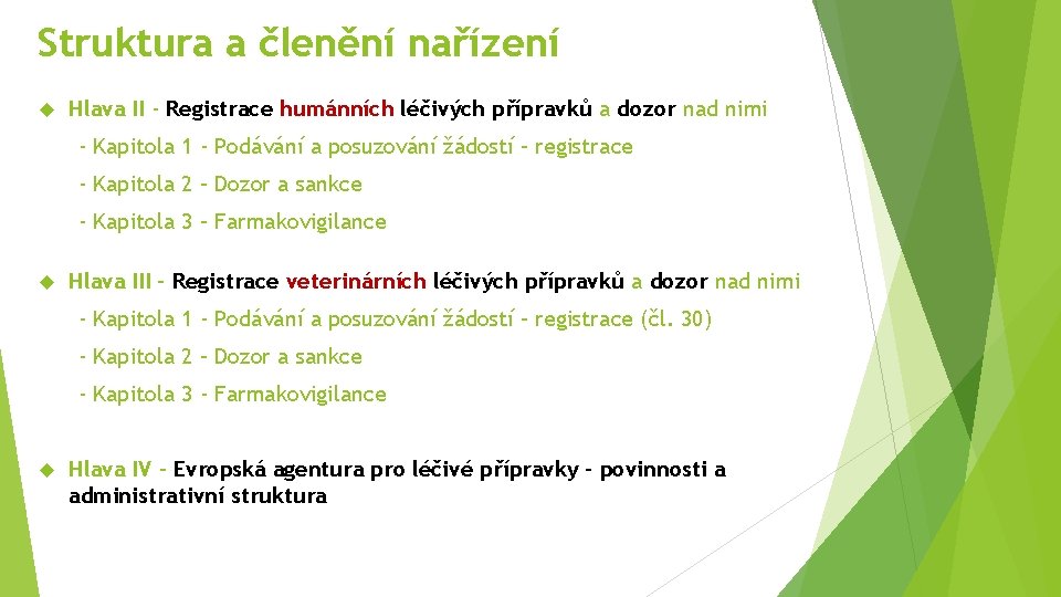 Struktura a členění nařízení Hlava II - Registrace humánních léčivých přípravků a dozor nad