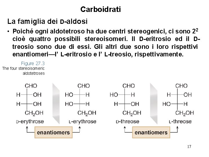 Carboidrati La famiglia dei D-aldosi • Poiché ogni aldotetroso ha due centri stereogenici, ci