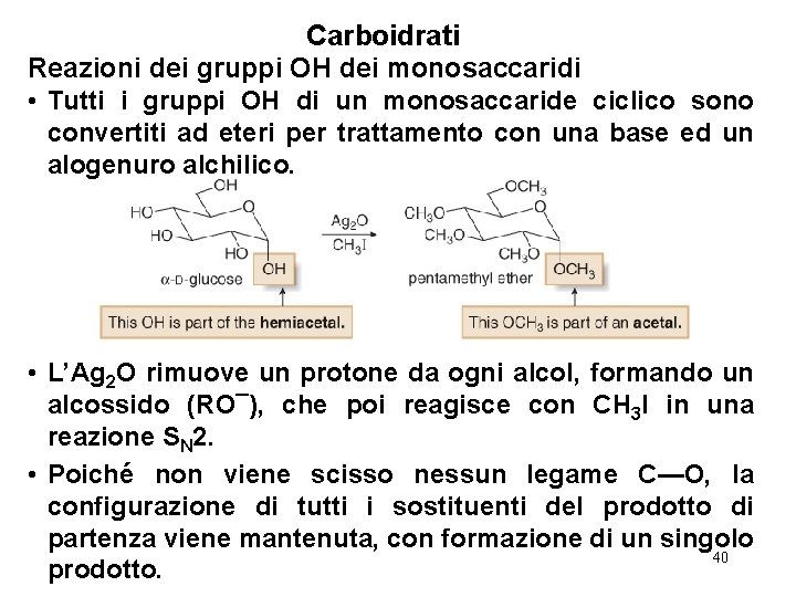 Carboidrati Reazioni dei gruppi OH dei monosaccaridi • Tutti i gruppi OH di un