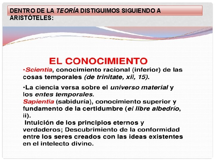 DENTRO DE LA TEORÍA DISTIGUIMOS SIGUIENDO A ARISTÓTELES: 