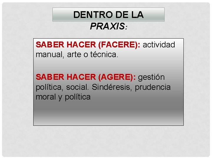 DENTRO DE LA PRAXIS: SABER HACER (FACERE): actividad manual, arte o técnica. SABER HACER