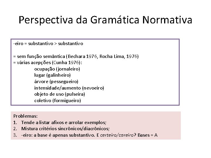 Perspectiva da Gramática Normativa -eiro = substantivo > substantivo = sem função semântica (Bechara